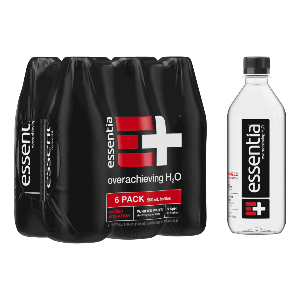 Essentia Water 500ml single bottle and 6-pack