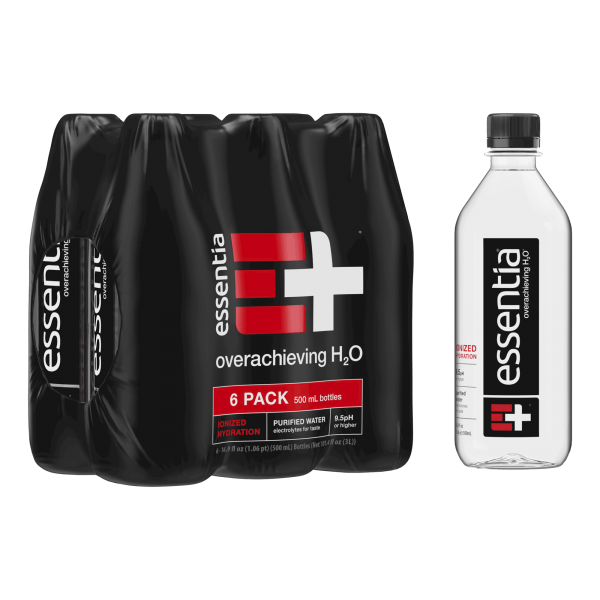 Angled500mL_OnBlackOC Essentia Water 500ml single bottle and 6-pack