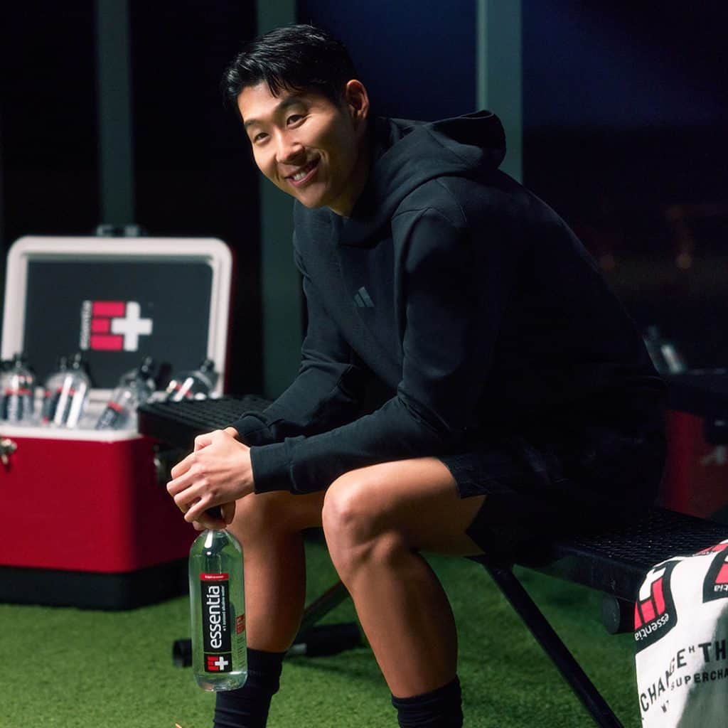 Son Heung-min smiling with Essentia Water